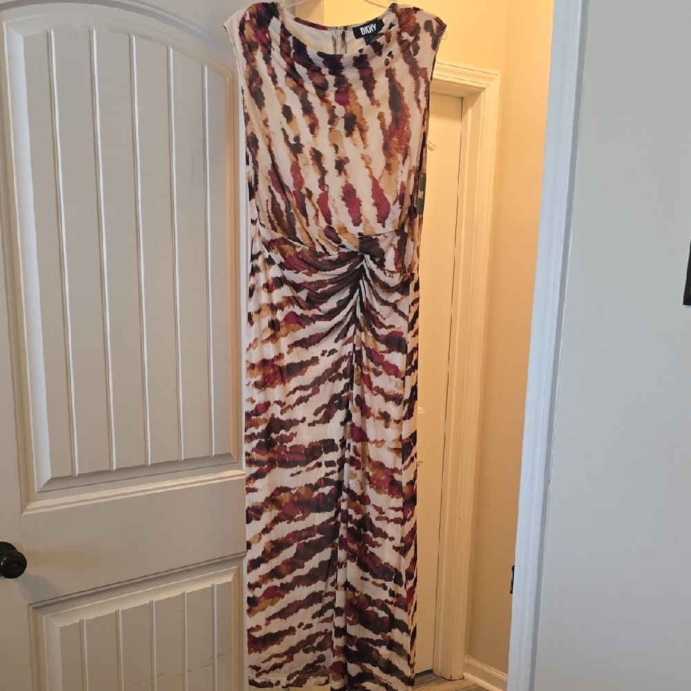DKNY Brown Tan Ruched Maxi Gown